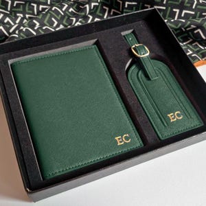 Dark Green travel gift set with custom luggage tag and passport holder.