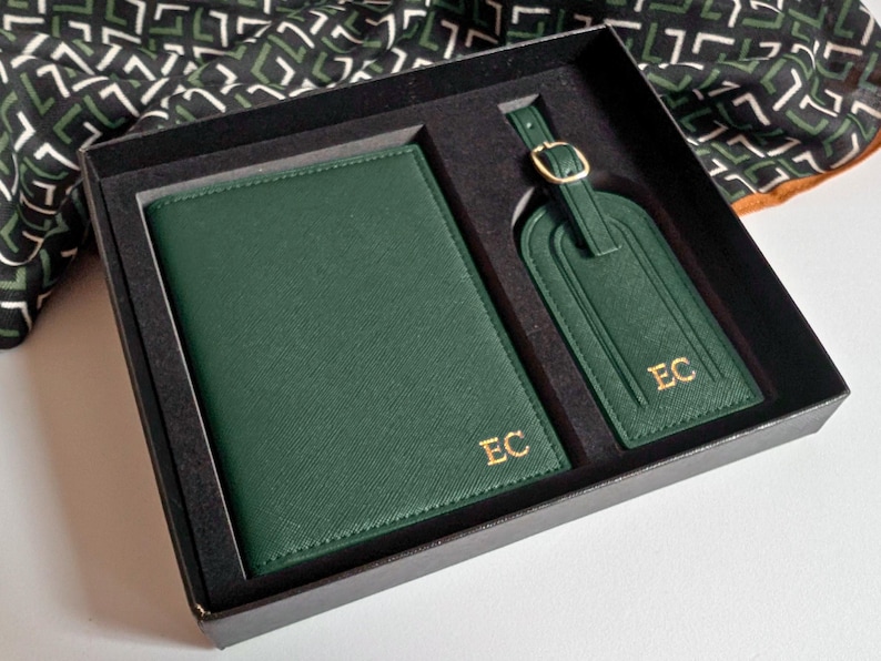 Dark Green travel gift set with custom luggage tag and passport holder.