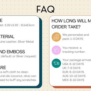 FAQ includes size 8.5x8.5 cm and genuine leather material. Production time is 1-3 days. Shipping times vary for different regions. USA 6-12 days, UK 7-9 days, EU 6-13 days, Mex 8-15 days, AUS 10-12 days.