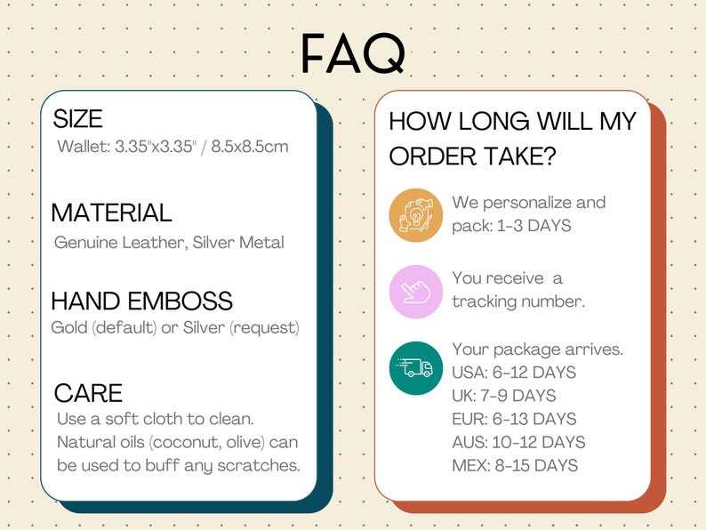 FAQ includes size 8.5x8.5 cm and genuine leather material. Production time is 1-3 days. Shipping times vary for different regions. USA 6-12 days, UK 7-9 days, EU 6-13 days, Mex 8-15 days, AUS 10-12 days.