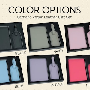Cream colored slide with grey dots showing available color options for the saffiano vegan leather travel sets; black, grey, pink, blue, purple and hot pink.