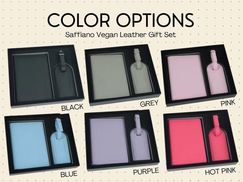 Cream colored slide with grey dots showing available color options for the saffiano vegan leather travel sets; black, grey, pink, blue, purple and hot pink.