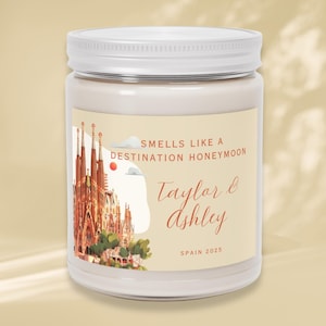 Świeca podróżna Spain Travel Candle, sojowa 9 uncji, Sagrada Familia, pamiątka z Barcelony, wycieczka do Hiszpanii, spersonalizowany prezent rocznicowy, pamiątka miesiąca miodowego, prezent zaręczynowy