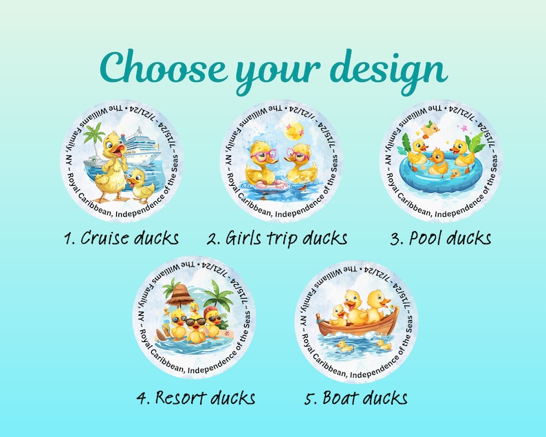 Designs to choose from: cruise ducks, girls trip ducks, pool ducks, resort ducks, boat ducks.