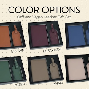 Cream colored slide with grey dots showing available color options for the saffiano vegan leather travel sets; black, navy, burgundy, blush, brown, khaki, and dark green.