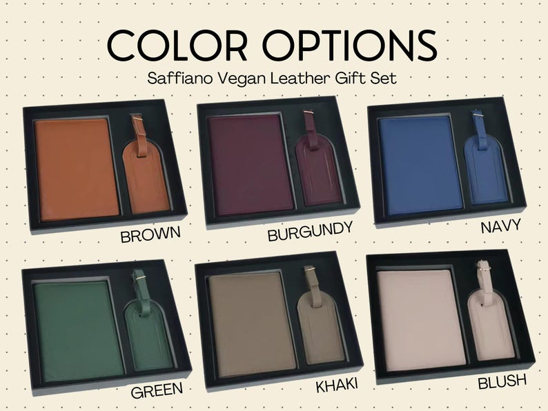 Cream colored slide with grey dots showing available color options for the saffiano vegan leather travel sets; black, navy, burgundy, blush, brown, khaki, and dark green.
