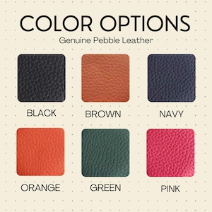 Color options for keychain wallet pouches are black, brown, navy, orange, green, and pink.