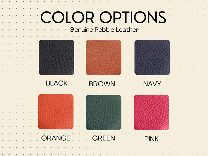 Color options for keychain wallet pouches are black, brown, navy, orange, green, and pink.
