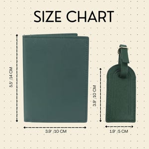 Cream colored slide with grey dots showing a dark green passport set with the measurements.
