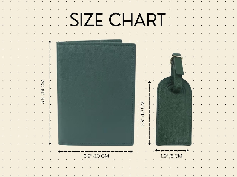 Cream colored slide with grey dots showing a dark green passport set with the measurements.