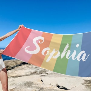 Rainbow Custom Beach Towel, Personalized Towel, Pride Gift, Birthday Pool Party Towel, Gift for Kids Grandkids Christmas, Group Swim Towels