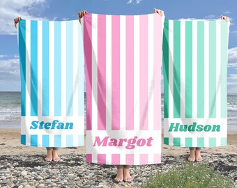 Personalized Striped Cabana Towel, Custom Name Beach Towel, Kids Pool Swim Towel, Gift for Grandkids