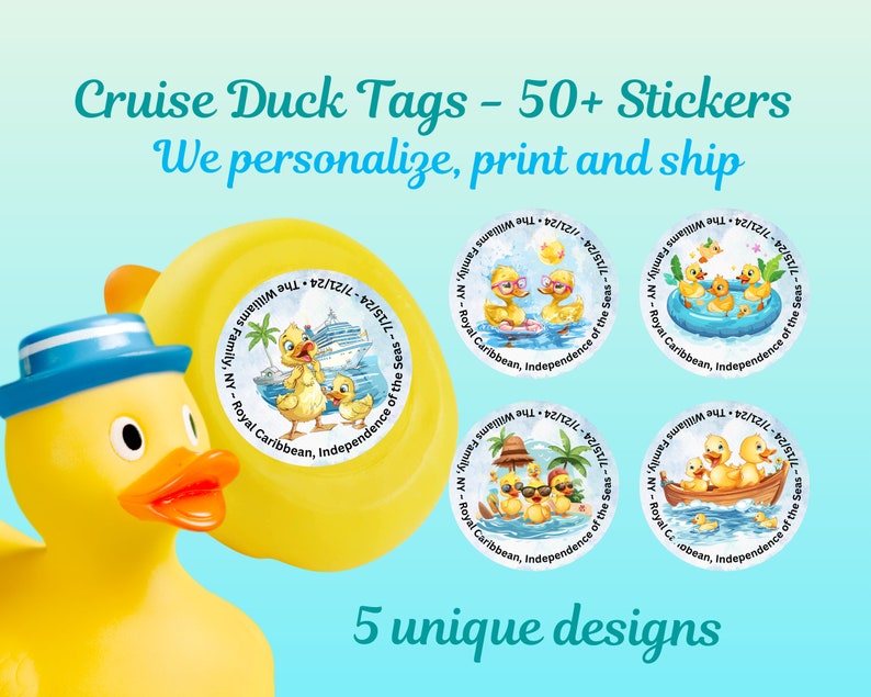 Duck tag stickers with cute ducks on a cruise for families.