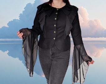 Schwarze Gothic Bluse mit Volant Ärmel