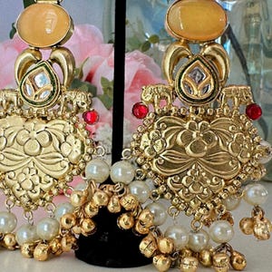 Golden Kundan Chandbali Indian traditional Earrings, Indian Pearl luxury lightweight Statement Jewelry