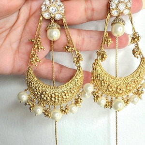 Kundan Chandbali Indian Earrings, Gold-Plated  Indian Bridal Wedding Jewelry