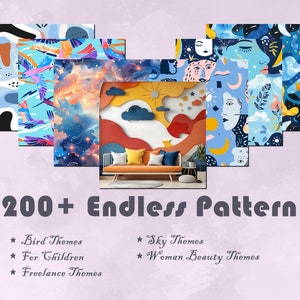 May include: A collection of colorful pattern designs featuring bird, sky, and woman beauty themes. The image includes the text "200+ Endless Pattern" and theme categories such as "Bird Themes" and "Sky Themes."