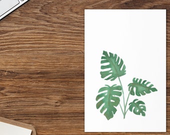 Drie Leaf Monstera aquarel schilderij op wenskaart | Lege wenskaart | Origineel aquarelschilderij