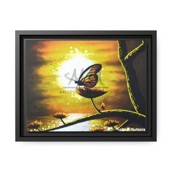Original Butterfly Sunset Landscape Painting, Soft Pastel, Black Frame Matte Canvas Print, Flowers, Art, Nature Art, Wall Art, Decor, Gift