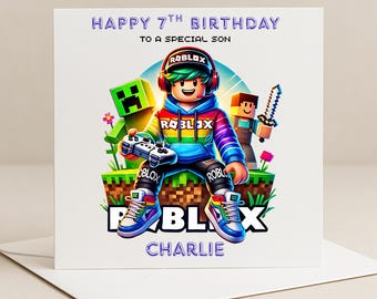 Personalised Roblox Gamer Birthday Card • Online Game Character Style • Custom Name & Age Kids Card