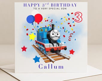 Personalized Blue Train Birthday Card | Kids Party