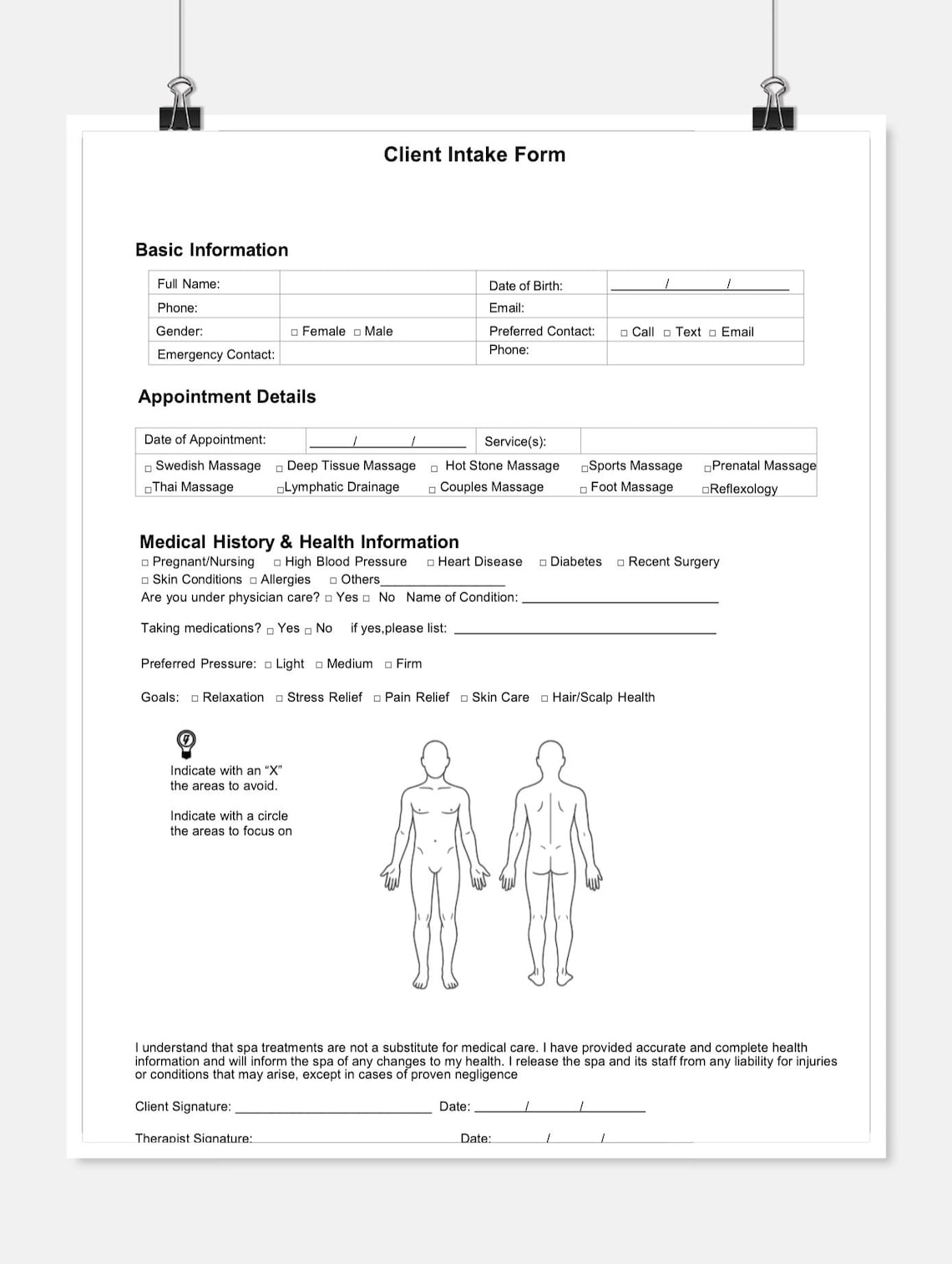 Spa Client Intake Form | Massage Therapy Consultation Form | A4 ...