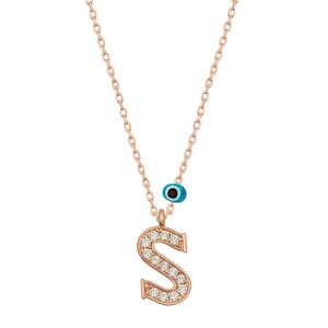 Evil Eye Initial Necklace: Rose Silver 925 Sterling Silver Monogram