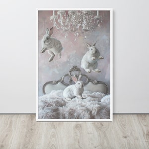 Framed bunny wall art - white rabbit painting - whimsical art