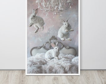 Framed bunny wall art - white rabbit painting - whimsical art