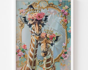Mother and Baby Giraffes Fine Art Print - Whimsical Nursery Wall Art
