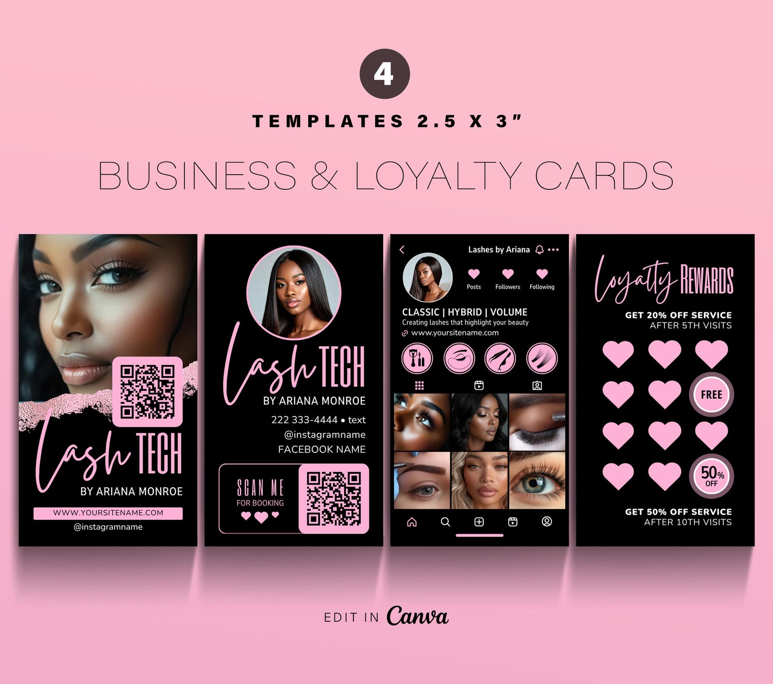 Pink Black Loyalty Cards & Business Cards Template for Lash Tech ...