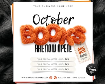 Plantilla de folleto de reservas de octubre, folleto de libros de Halloween, reservas abiertas para la temporada espeluznante, peinado, pestañas, uñas, trenzas, maquillaje, belleza (editable en Canva)