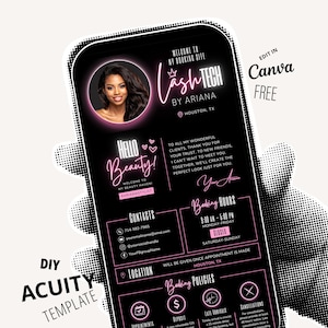 Peut inclure: Un écran de smartphone noir affiche une publicité pour une entreprise de beauté. Le design présente une photo d'une femme, le texte "Lash Tech by Ariana" et des coordonnées. Les mots "Hello Beauty!" sont également visibles, ainsi que le texte "Edit in Canva FREE."