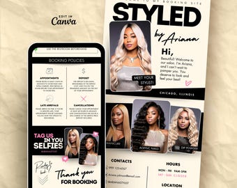 May include: A digital booking site template for a salon featuring the text Styled by Ariana, booking policies, contact information, and business hours. The layout includes multiple photographs of individuals with various hairstyles and nail services.