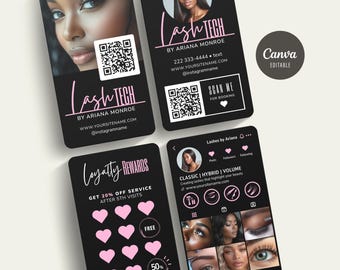 Lash Tech Visitenkarte Vorlage mit QR-Code und Treuekarte, Bearbeitbare Schönheitssalon Karten für Wimpernverlängerung Künstler, Bearbeiten in Canva