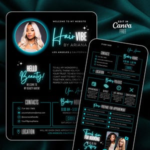 May include: A promotional graphic for "Hair Vibe by Ariana" in Los Angeles, California. The design features a woman's portrait, contact information, booking hours, and policies. The text is in a teal color on a black background, with the words "Hello Beauty!" prominently displayed.