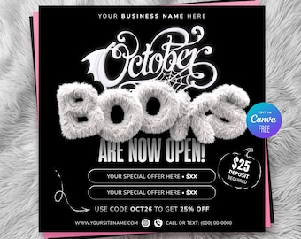 October Booking Flyer Template Halloween Books Open Flyer, Black White Canva Editable, Spooky Season Hair Stylist Lash Nail Braid Makeup