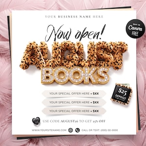 May include: A square promotional flyer template featuring the text Now open! AUGUST BOOKS. The word AUGUST is in a fuzzy leopard print texture, and BOOKS is in gold with a diamond-like finish. Includes placeholders for offers, a $25 deposit icon, and code AUGUST26.