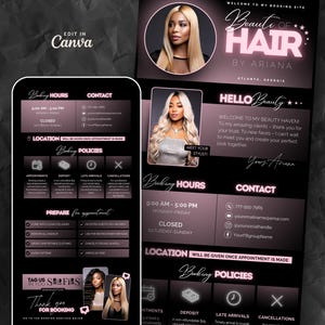 May include: A pink and black mobile phone screen displaying a booking page for a hair salon called "Beauty of Hair by Ariana". The page includes booking hours, contact information, location details, and salon policies. The salon is located in Atlanta, Georgia.