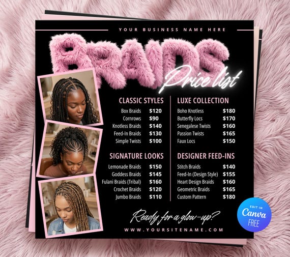 Braids Price List Template, Hair Braiding Pricing Guide, Instagram Post Braider Flyer, Canva Editable
