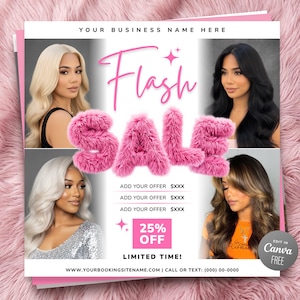 May include: A promotional flyer with the text "Flash Sale" in pink, featuring images of women with various hairstyles. The flyer includes offers, a 25% off promotion, and the text "Limited Time!"