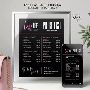 May include: A black and pink price list design with the text "Logo Here" and "Price List". The design is displayed on a framed print and a smartphone. The text "Ready for a glow-up?" is also visible.