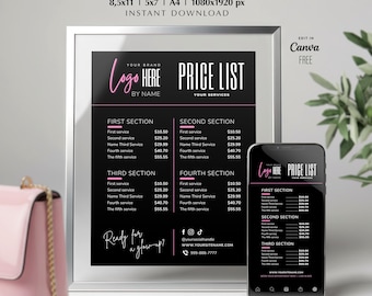 Plantilla de lista de precios negra: precios de salón de belleza, tecnología de pestañas, estilistas, trenzadoras, pelucas, uñas, maquillaje. Plantilla de Canva editable y personalizable.