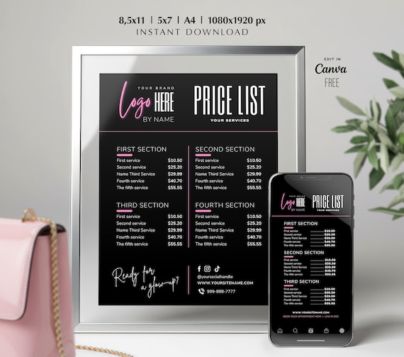 Black Price List Template Beauty Salon Pricing, Lash  Tech, Hair Stylist, Braiders, Wig, Nail, Makeup, Editable DIY Canva Template Pricing