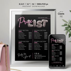 Könnte beinhalten: Eine digitale Preislistenvorlage, die auf einem gerahmten Poster und einem Smartphone-Bildschirm angezeigt wird. Das Design hat einen schwarzen Hintergrund mit rosa Text und den Worten Price List in einer Schriftart mit Leopardenmuster.