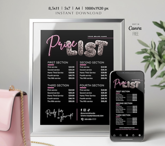 Editable Price List Template Printable Price Sheet for Lash Tech Nail Tech Hair Stylist, Braids Price List Beauty Pricing Guide Canva