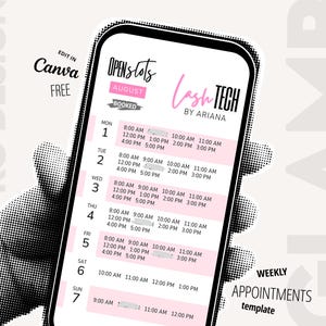 Op de afbeelding: Een smartphone toont een roze en witte augustus afspraaksjabloon voor Lash Tech by Ariana. Het scherm toont een wekelijks schema met tijdvakken, inclusief de tekst "Open Slots" en "Booked."