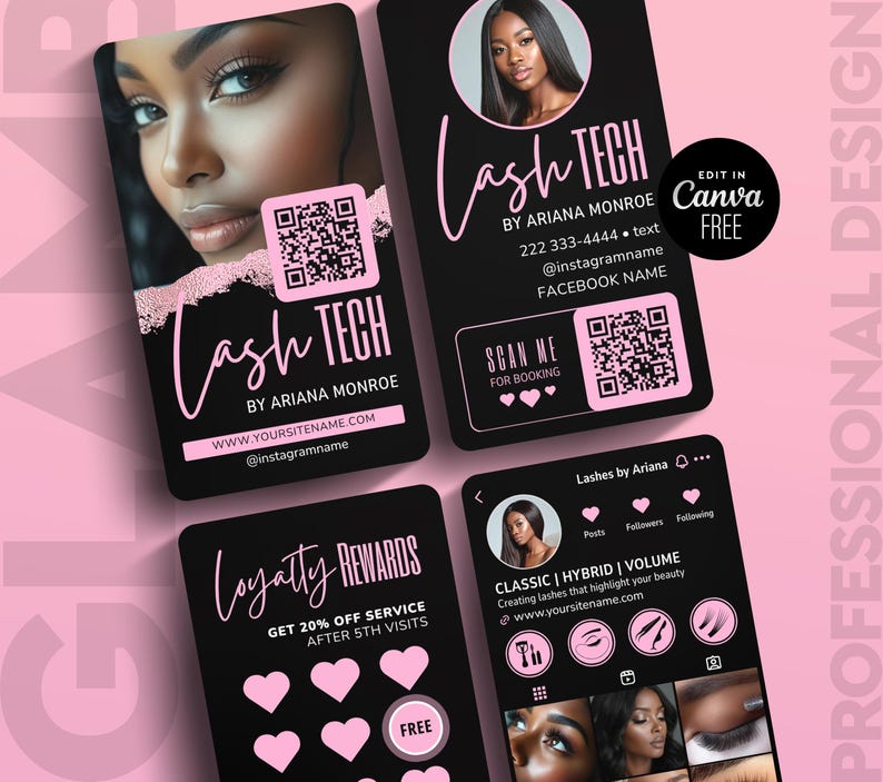 May include: Black and pink business cards and a phone screen promoting lash services. The cards feature a woman's image, the text "Lash Tech by Ariana Monroe", contact information, and QR codes. The phone screen displays lash styles and social media handles.