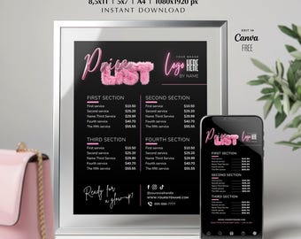 Modello di listino prezzi per servizi di bellezza, menu dei servizi del salone per ciglia, unghie, parrucchiere, trecce, parrucche, trucco. Guida ai prezzi stampabile e modificabile su Canva.