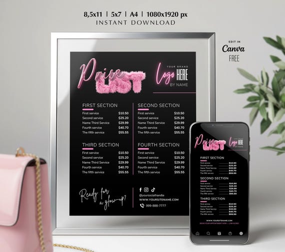 Beauty Price List Template, Salon Service Menu for Lash Nail Hair Stylist, Braiders, Wig, Makeup Printable Pricing Guide Editable Canva